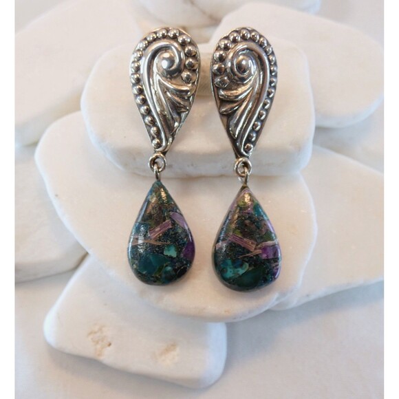 Charoite Azurite Gemstone Sterling Silver Earrings OOAK Handmade Exotic - Picture 2 of 3